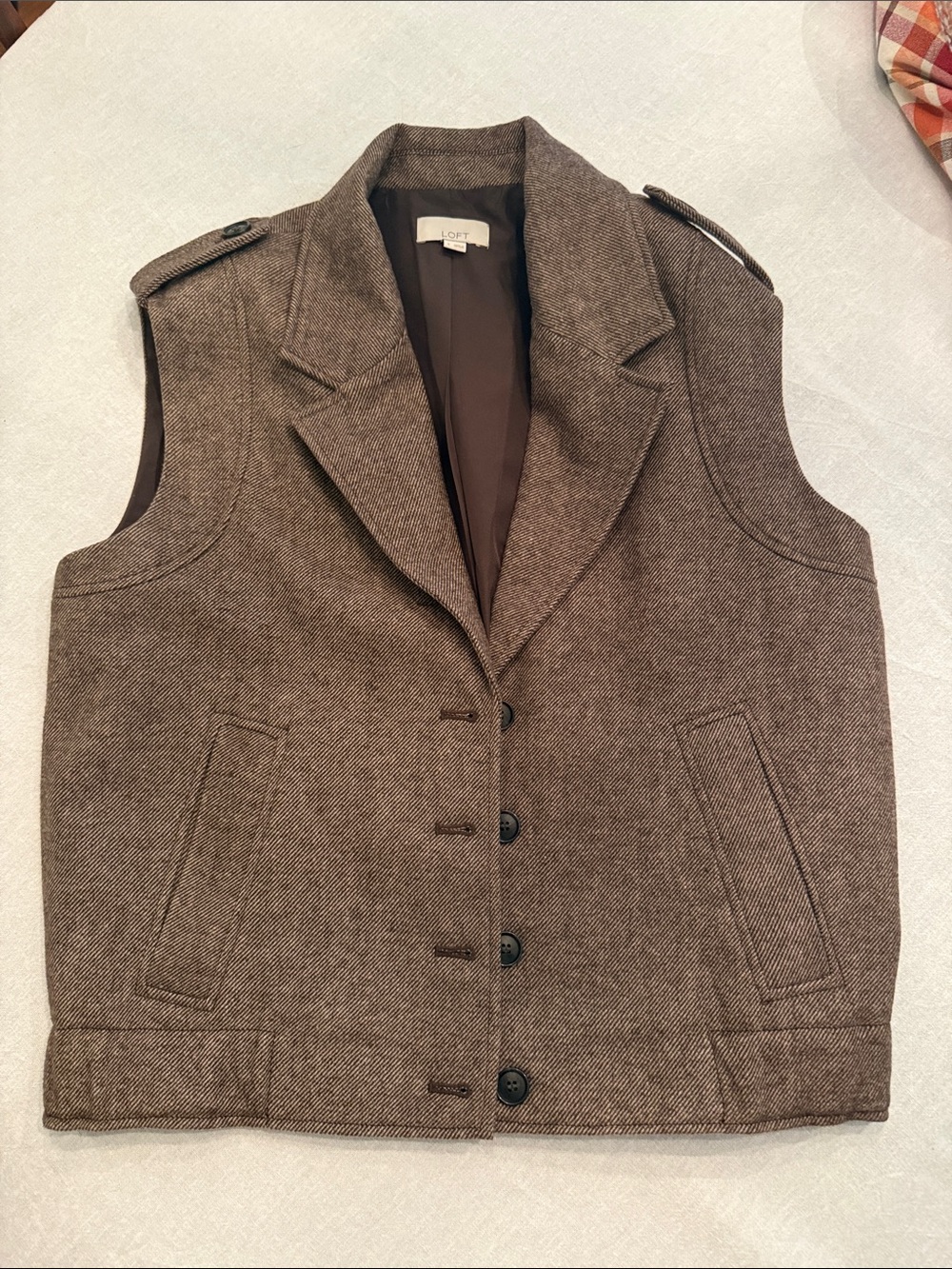 LOFT Brown Herringbone Wool-Blend Vest with Notch Lapel